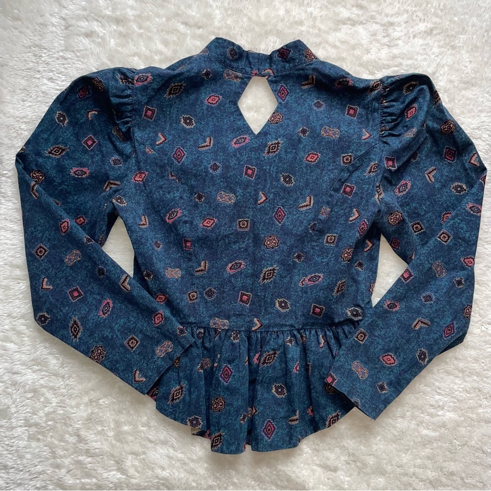 Banjo 90’s crop denim corduroy button up western print puff sleeve blouse - Picture 3 of 8